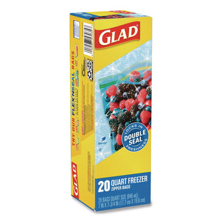 Glad® Zipper Food Storage Plastic Bags, Freezer Bags, Quart Size, 7.75 x 8.44, Clear, 20 Bags/Box, 12 Boxes/Carton (CLO57035)