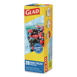 Glad® Zipper Food Storage Plastic Bags, Freezer Bags, Quart Size, 7.75 x 8.44, Clear, 20 Bags/Box, 12 Boxes/Carton (CLO57035)