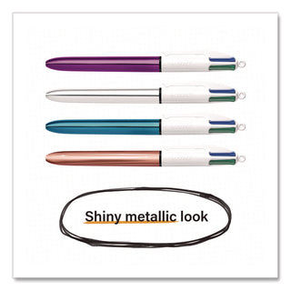 BIC® 4-Color Shine Multi-Color Ballpoint Pen, Retractable, Medium 1mm, Black/Blue/Green/Red Ink, Assorted Metallic Barrels, 3/Pack (BICMMMTP31AST)