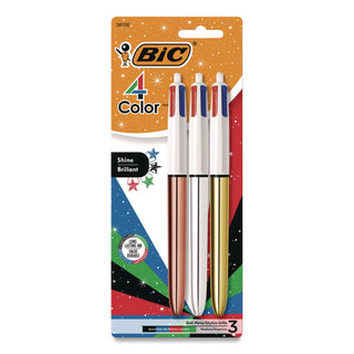 BIC® 4-Color Shine Multi-Color Ballpoint Pen, Retractable, Medium 1mm, Black/Blue/Green/Red Ink, Assorted Metallic Barrels, 3/Pack (BICMMMTP31AST)