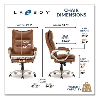 La-Z-Boy® Jenkins Executive Big and Tall Chair, Supports Up to 400 lb, 20" to 23" Seat Height, Brown Seat/Back, Silver/Black Base (LZB60075CAM)