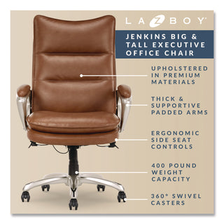 La-Z-Boy® Jenkins Executive Big and Tall Chair, Supports Up to 400 lb, 20" to 23" Seat Height, Brown Seat/Back, Silver/Black Base (LZB60075CAM)