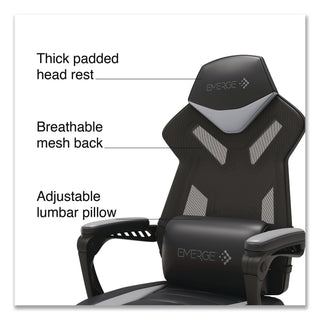 Emerge™ Vomax Bonded Leather Gaming Chair, Supports Up to 275 lb, 18.5" to 22.2" Seat Height, Black/Gray Back/Seat, Black Base (WLB61364)