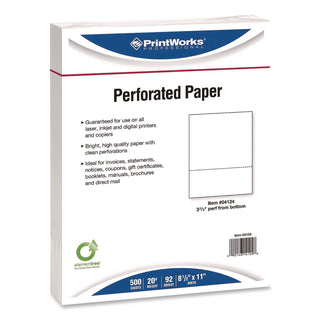 PrintWorks® Professional Perforated Paper, 92 Bright, Perforated 3.66" from Bottom, 8.5 x 11, White, 500 Sheets/Ream, 5 Reams/Carton (PWK04124P)