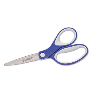 Westcott® KleenEarth Soft Handle Scissors, Pointed Tip, 7" Long, 2.25" Cut Length, Blue/Gray Straight Handle (ACM15553)