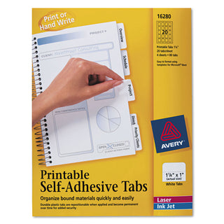 Avery® Printable Plastic Tabs with Repositionable Adhesive, 1/5-Cut Tabs, White, 1.25" Wide, 96/Pack (AVE16280)