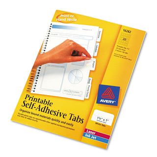 Avery® Printable Plastic Tabs with Repositionable Adhesive, 1/5-Cut Tabs, White, 1.75" Wide, 80/Pack (AVE16282)