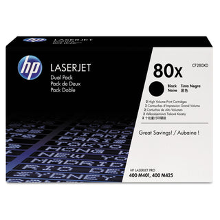 HP 80X, (CF280X-D) 2-pack High Yield Black Original LaserJet Toner Cartridges (HEWCF280XD)