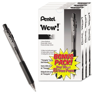 Pentel® WOW! Retractable Ballpoint Pen Value Pack, Medium 1 mm, Black Ink/Barrel, 36/Pack (PENBK440ASWUS)