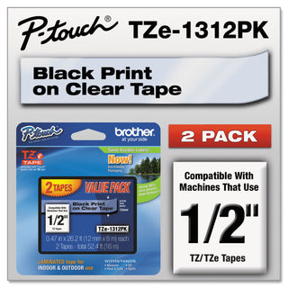Brother TZe Standard Adhesive Laminated Labeling Tapes, 0.47" x 26.2 ft, Black on Clear, 2/Pack (BRTTZE1312PK)