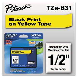 Brother TZe Standard Adhesive Laminated Labeling Tape, 0.47" x 26.2 ft, Black on Yellow (BRTTZE631)