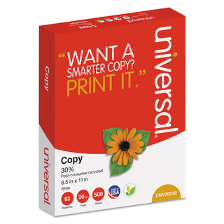 Universal® 30% Recycled Copy Paper, 92 Bright, 20 lb Bond Weight, 8.5 x 11, White, 500 Sheets/Ream, 10 Reams/Carton (UNV20030)