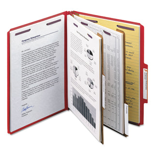 Smead™ Six-Section Pressboard Top Tab Classification Folders with SafeSHIELD Fasteners, 2 Dividers, Letter Size, Bright Red, 10/Box (SMD14031)