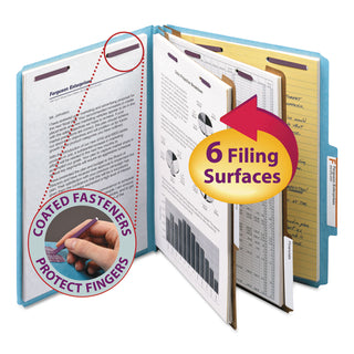 Smead™ Six-Section Pressboard Top Tab Classification Folders with SafeSHIELD Fasteners, 2 Dividers, Letter Size, Blue, 10/Box (SMD14030)