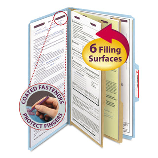 Smead™ Six-Section Pressboard Top Tab Classification Folders with SafeSHIELD Fasteners, 2 Dividers, Legal Size, Blue, 10/Box (SMD19030)