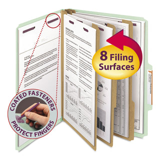 Smead™ Pressboard Classification Folders with SafeSHIELD Coated Fasteners, 2/5 Cut, 3 Dividers, Letter Size, Gray-Green, 10/Box (SMD14091)