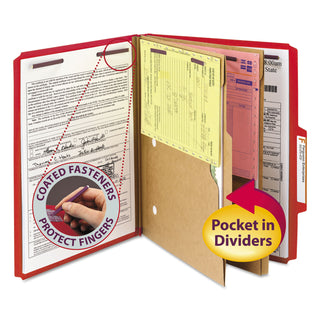 Smead™ 6-Section Pressboard Top Tab Pocket-Style Classification Folders with SafeSHIELD Fasteners, 2 Dividers, Letter, Red, 10/Box (SMD14082)