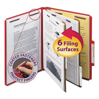 Smead™ Six-Section Pressboard Top Tab Classification Folders with SafeSHIELD Fasteners, 2 Dividers, Letter Size, Bright Red, 10/Box (SMD14031)