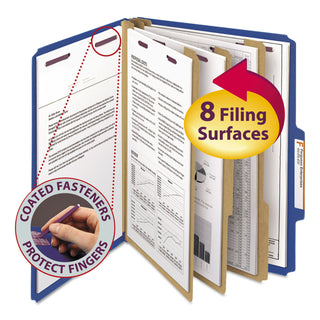 Smead™ Eight-Section Pressboard Top Tab Classification Folders with SafeSHIELD Fasteners, 3 Dividers, Letter Size, Dark Blue, 10/Box (SMD14096)
