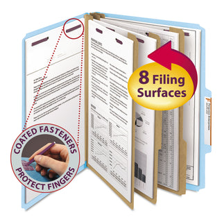 Smead™ Eight-Section Pressboard Top Tab Classification Folders with SafeSHIELD Fasteners, 3 Dividers, Letter Size, Blue, 10/Box (SMD14094)