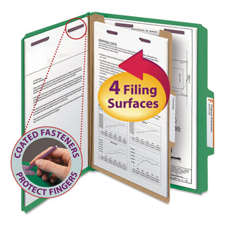 Smead™ Four-Section Pressboard Top Tab Classification Folders with SafeSHIELD Fasteners, 1 Divider, Letter Size, Green, 10/Box (SMD13733)