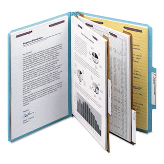 Smead™ Six-Section Pressboard Top Tab Classification Folders with SafeSHIELD Fasteners, 2 Dividers, Letter Size, Blue, 10/Box (SMD14030)