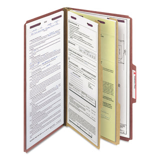 Smead™ Pressboard Classification Folders with SafeSHIELD Coated Fasteners, 2/5 Cut, 2 Dividers, Legal Size, Red, 10/Box (SMD19075)