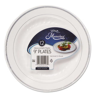 WNA Comet Masterpiece Plastic Dinnerware, White/Silver, 9", 10/Pack (WNARSM91210WSPK) (WNARSM91210WSPK)