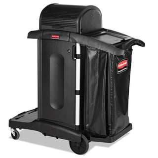 Rubbermaid® Commercial Executive High Security Janitorial Cleaning Cart, Plastic, 4 Shelves, 1 Bin, 23.1" x 39.6" x 27.5", Black (RCP1861427)