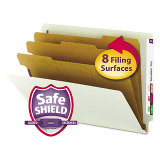 Smead™ End Tab Pressboard Classification Folders with SafeSHIELD Coated Fasteners, 3 Dividers, Letter Size, Gray-Green, 10/Box (SMD26820)