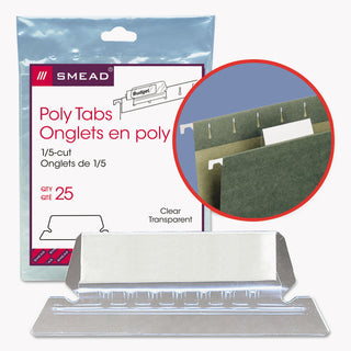 Smead™ Poly Index Tabs and Inserts For Hanging File Folders, 1/5-Cut Tabs, White/Clear, 2.25" Wide, 25/Pack (SMD64600)