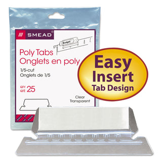 Smead™ Poly Index Tabs and Inserts For Hanging File Folders, 1/5-Cut Tabs, White/Clear, 2.25" Wide, 25/Pack (SMD64600)
