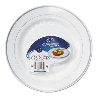 WNA Comet Masterpiece Plastic Plates, 10.25 in, White w/Silver Accents, Round, 120/Carton (WNARSM101210WS)