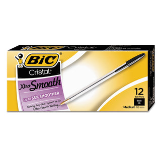 BIC® Cristal Xtra Smooth Stick Ballpoint Pen, 1mm, Black Ink, Clear Barrel, Dozen (BICMS11BK)