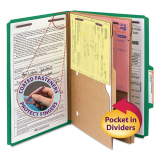 Smead™ 6-Section Pressboard Top Tab Pocket-Style Classification Folders with SafeSHIELD Fasteners, 2 Dividers, Legal, Green, 10/BX (SMD19083)