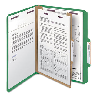 Smead™ Four-Section Pressboard Top Tab Classification Folders with SafeSHIELD Fasteners, 1 Divider, Letter Size, Green, 10/Box (SMD13733)