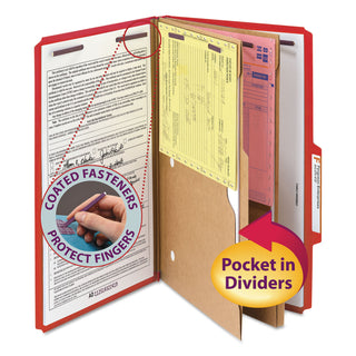 Smead™ 6-Section Pressboard Top Tab Pocket-Style Classification Folders with SafeSHIELD Fasteners, 2 Dividers, Legal, Red, 10/BX (SMD19082)