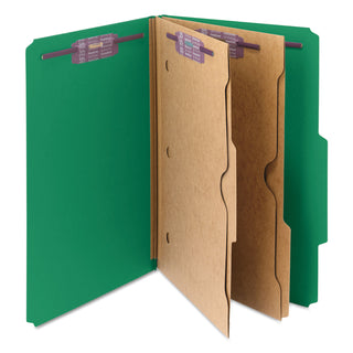 Smead™ 6-Section Pressboard Top Tab Pocket-Style Classification Folders with SafeSHIELD Fasteners, 2 Dividers, Legal, Green, 10/BX (SMD19083)