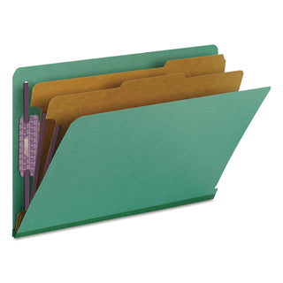 Smead™ End Tab Colored Pressboard Classification Folders with SafeSHIELD Coated Fasteners, 2 Dividers, Legal Size, Green, 10/Box (SMD29785)