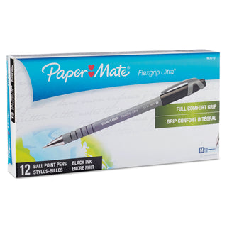 Papermate® FlexGrip Ultra Stick Ballpoint Pen, Medium 1mm, Black Ink, Gray Barrel, Dozen (PAP96301)