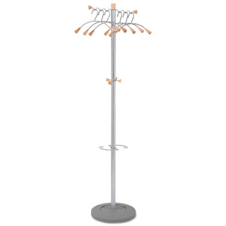 Alba™ Wavy Coat Tree, Six Hangers/Two Knobs/Four Hooks, 18.88w x 14d x 68.5h, Silver Steel/Wood (ABAPMWAVE)