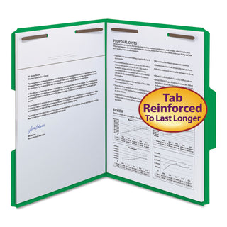Smead™ Top Tab Colored 2-Fastener Folders, 1/3-Cut Tabs, Letter Size, Green, 50/Box (SMD12140)