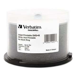 Verbatim® Inkjet Printable DVD+R Discs, 4.7GB, 16x, Spindle, White, 50/Pack (VER94917)