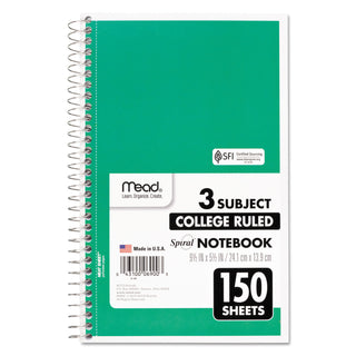 Mead® Spiral Notebook, 3 Subjects, Medium/College Rule, Assorted Color Covers, 9.5 x 5.5, 150 Sheets (MEA06900)