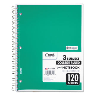 Mead® Spiral Notebook, 3 Subjects, Medium/College Rule, Assorted Color Covers, 11 x 8, 120 Sheets (MEA06710)