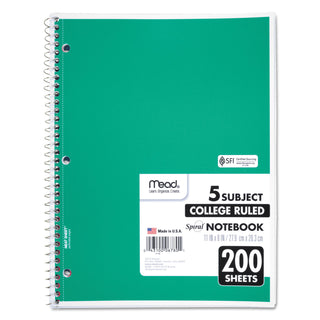 Mead® Spiral Notebook, 5 Subjects, Medium/College Rule, Assorted Color Covers, 11 x 8, 200 Sheets (MEA06780)