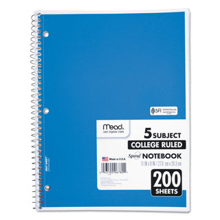 Mead® Spiral Notebook, 5 Subjects, Medium/College Rule, Assorted Color Covers, 11 x 8, 200 Sheets (MEA06780)
