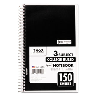 Mead® Spiral Notebook, 3 Subjects, Medium/College Rule, Assorted Color Covers, 9.5 x 5.5, 150 Sheets (MEA06900)