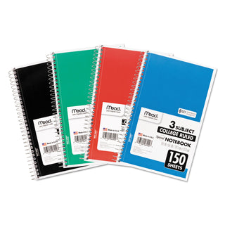 Mead® Spiral Notebook, 3 Subjects, Medium/College Rule, Assorted Color Covers, 9.5 x 5.5, 150 Sheets (MEA06900)