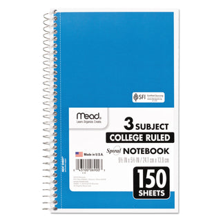 Mead® Spiral Notebook, 3 Subjects, Medium/College Rule, Assorted Color Covers, 9.5 x 5.5, 150 Sheets (MEA06900)
